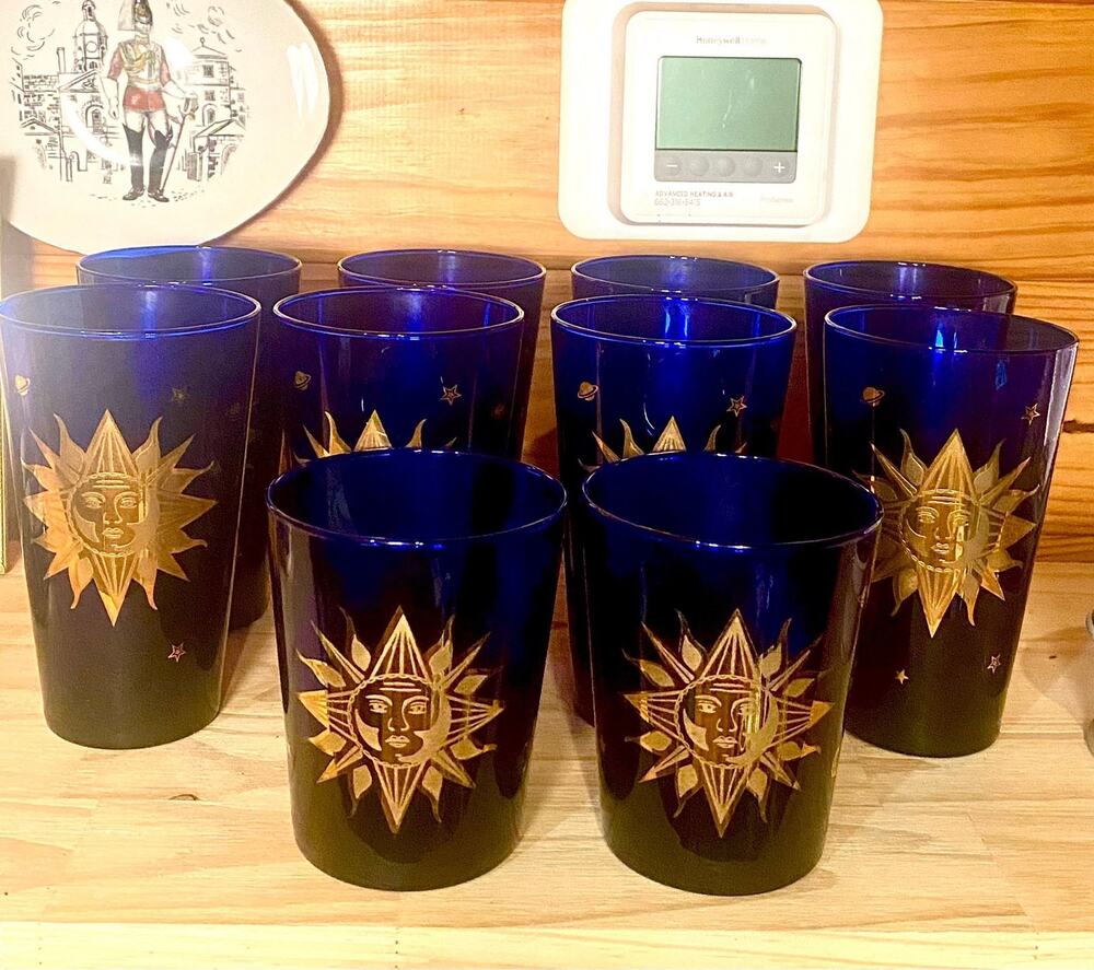 Vintage Culver Celestial Cobalt Blue Glassware Set 22K Gold Sun Moon Stars